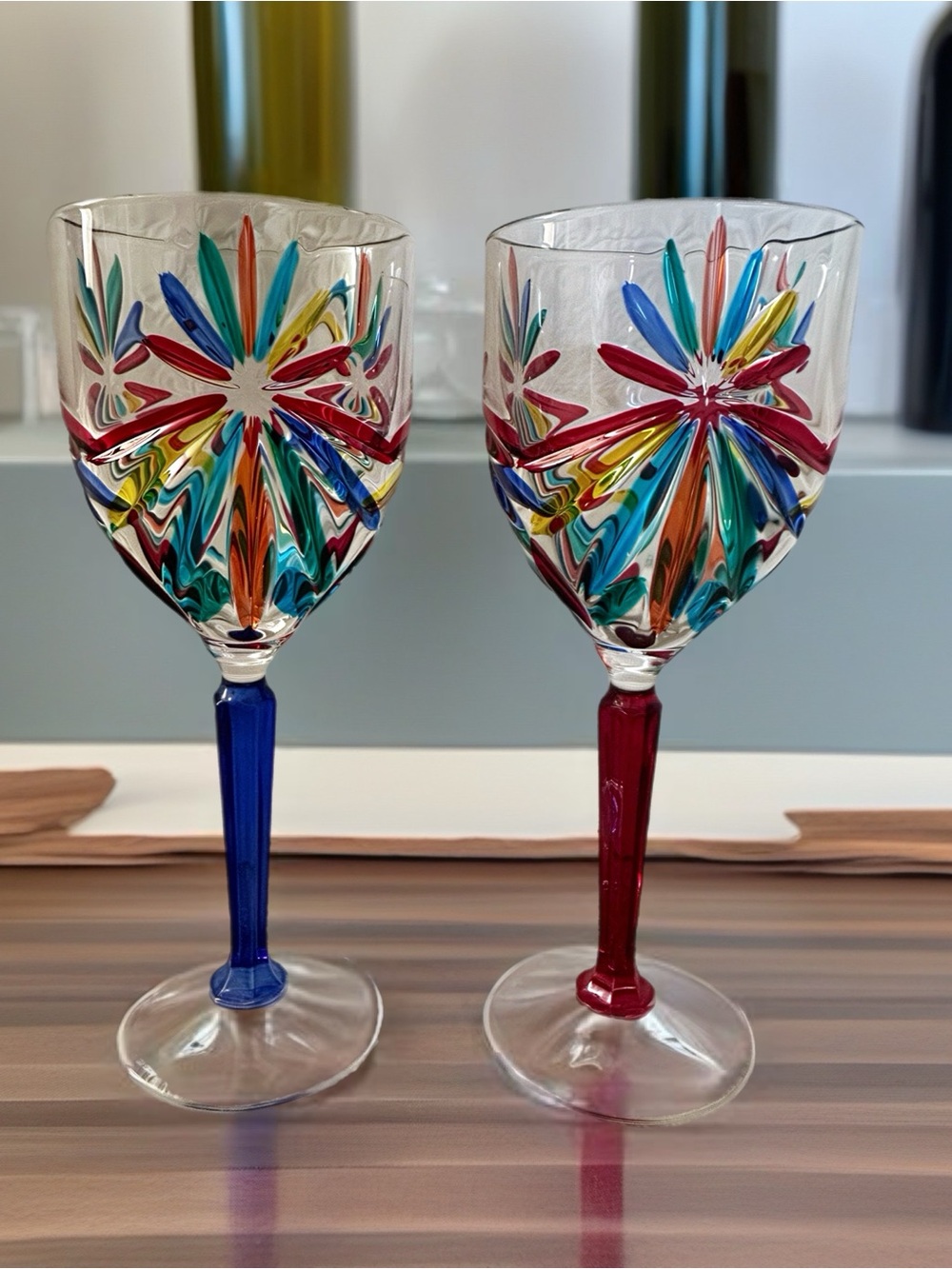 Zecchin Set of 2 Hand-Blown Multicolor Starburst Wine Glasses - Blue & Red Stems